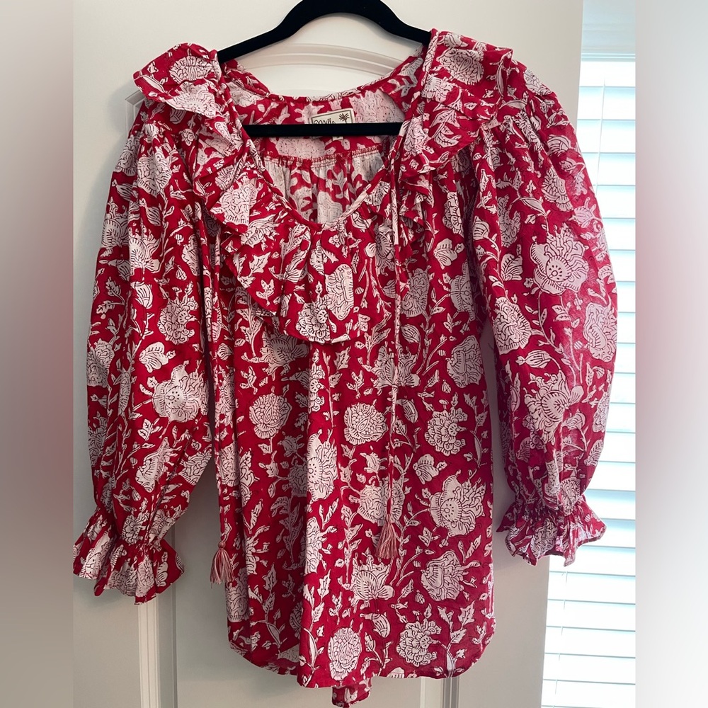 Red Floral Blouse with Ruffle Details